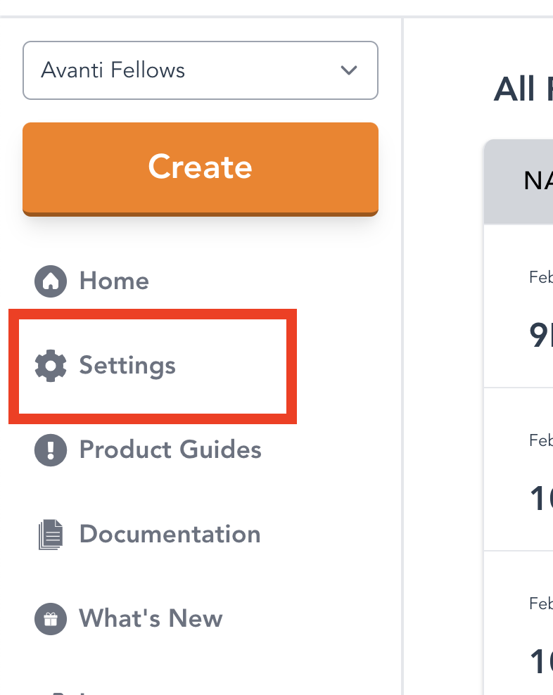 settings button on the sidebar